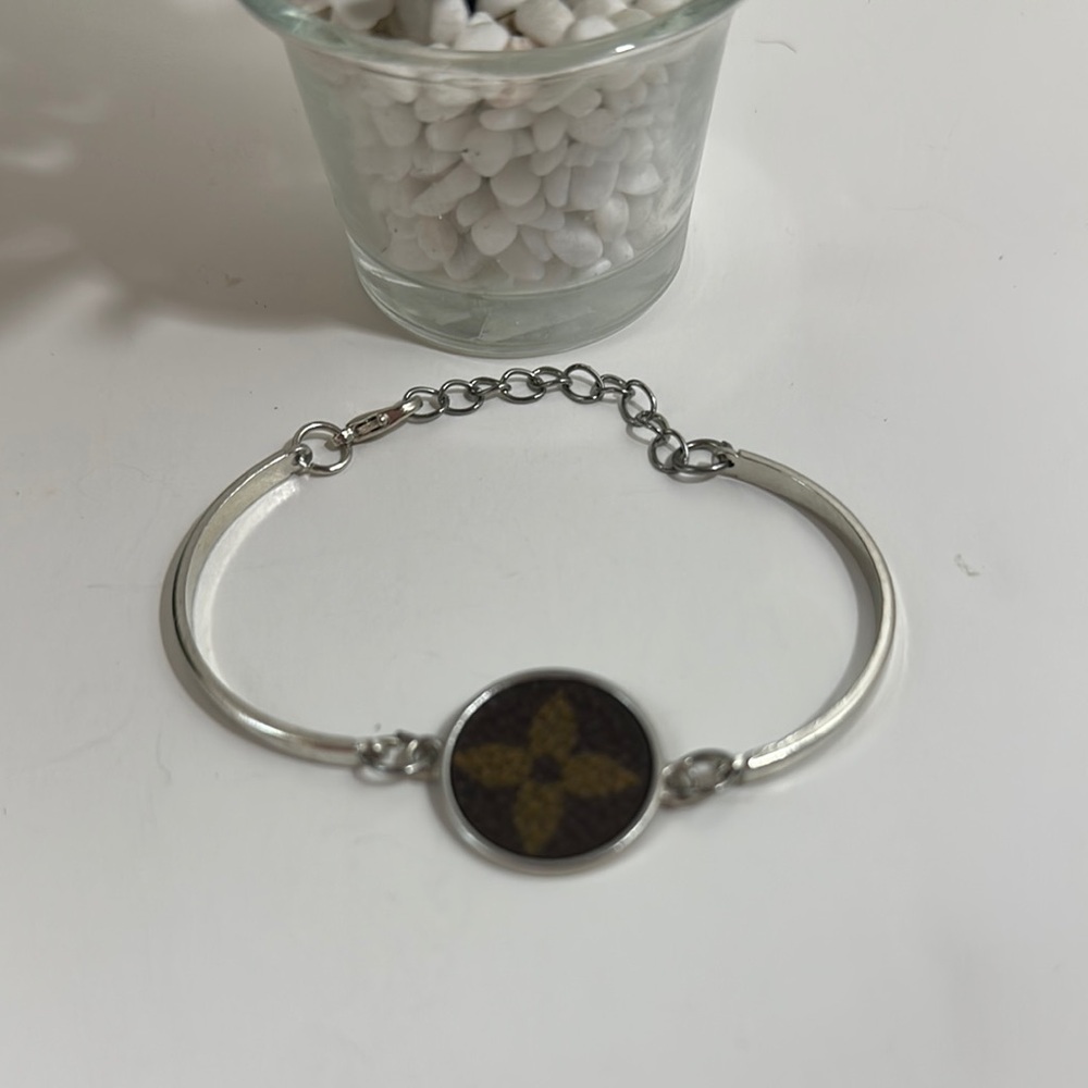 Custom Silver Tone Clasp Bangle Bracelet with  LV Monogram Canvas